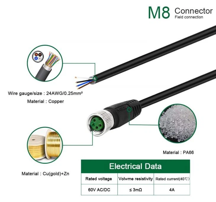 Industrial Pre-Wired M8 Connector Cable 4-Pin Female Cable